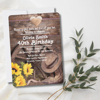 Invitation Western Rustic Sunflower Boot Casquette 40e annive