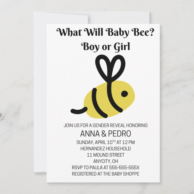 Invitation What Will Baby Bee Gender Reveal (Devant)