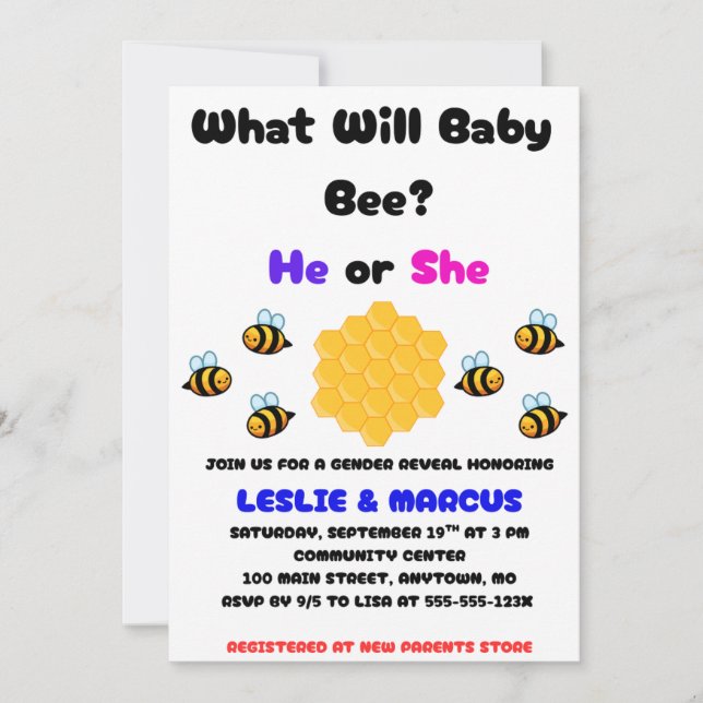 Invitation What Will Baby Bee Gender Reveal (Devant)