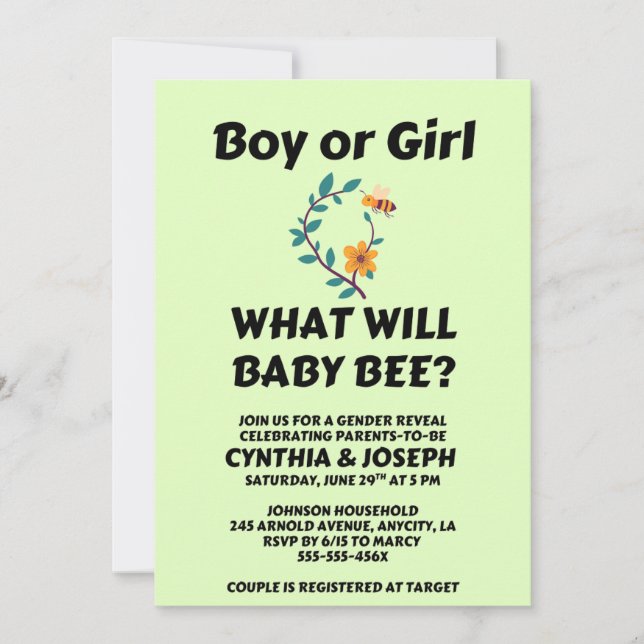 Invitation What Will Baby Bee gender reveal party (Devant)