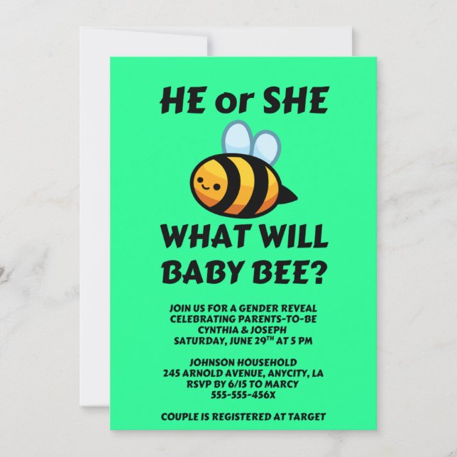 Invitation What Will Baby Bee gender reveal party (Devant)