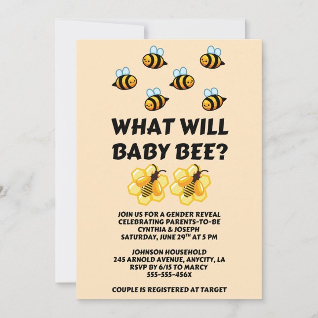 Invitation What Will Baby Bee gender reveal party (Devant)