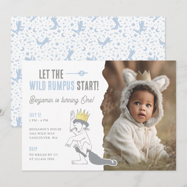 Invitation Where the Wild Things Are Wild One First Birthday (Devant / Derrière)