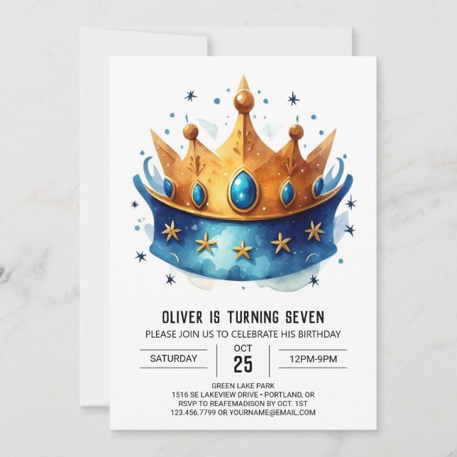 Invitation Whimsable Editable Prince Crown Anniversaire (Devant)