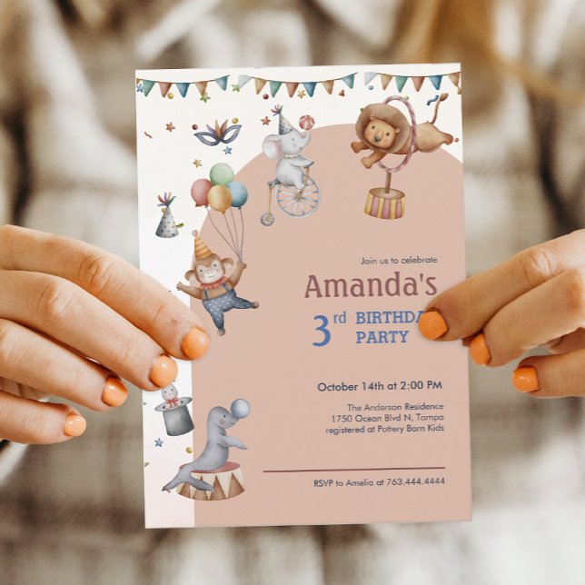 Invitation Whimsal Animaux Cirque Anniversaire (Whimsical Animals Circus Birthday Party Invitation)