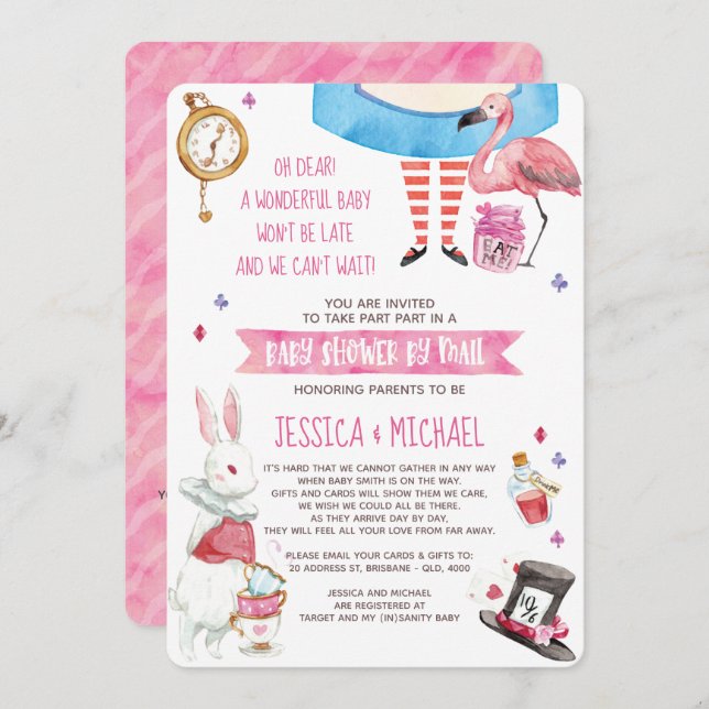 Invitation Whimsical Alice in Wonderland Baby shower par cour (Devant / Derrière)