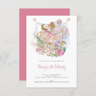 Invitation Whimsical Ballerina Rose Girl 6e fête d'anniversai