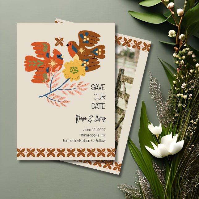 Invitation Whimsical Birds Folk Art Enregistrer la date (Our easy-to-use template allows you to personalize this design in no time. )