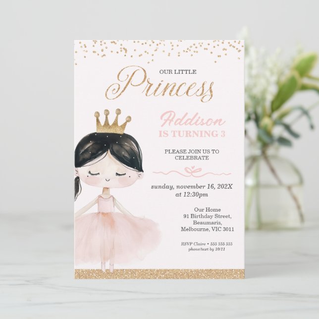 Invitation Whimsical Black Ballerina Little Princess Annivers (Debout devant)