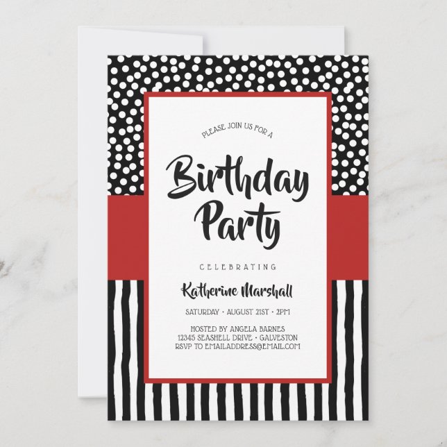Invitation Whimsical Black Blanc et Rouge Anniversaire (Devant)