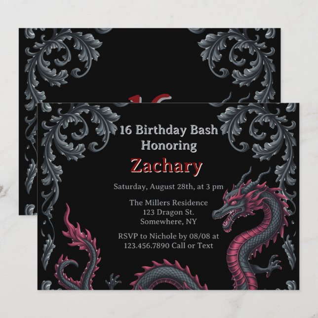 Invitation Whimsical Black Red Dragon Damask Sweet 16 Bash (Devant / Derrière)
