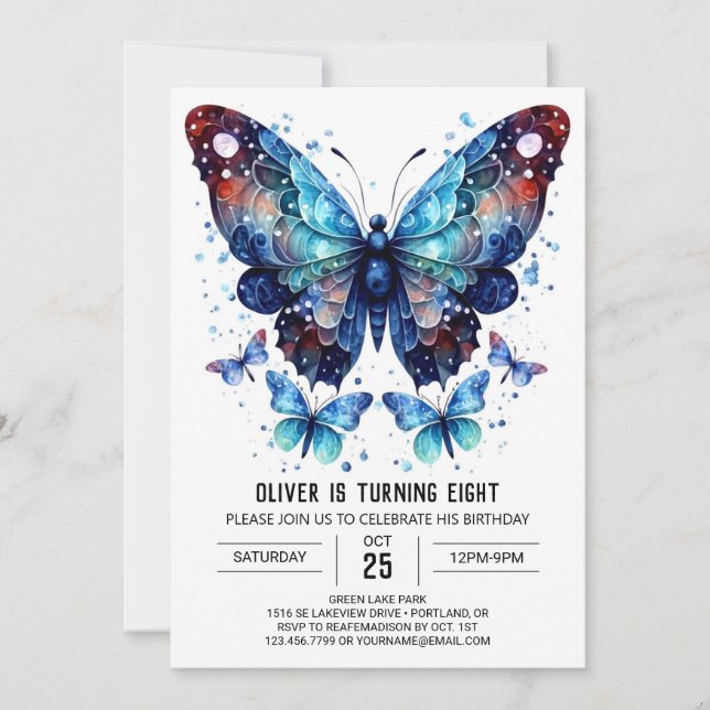 Invitation Whimsical Blue Butterfly Boy Anniversaire (Devant)