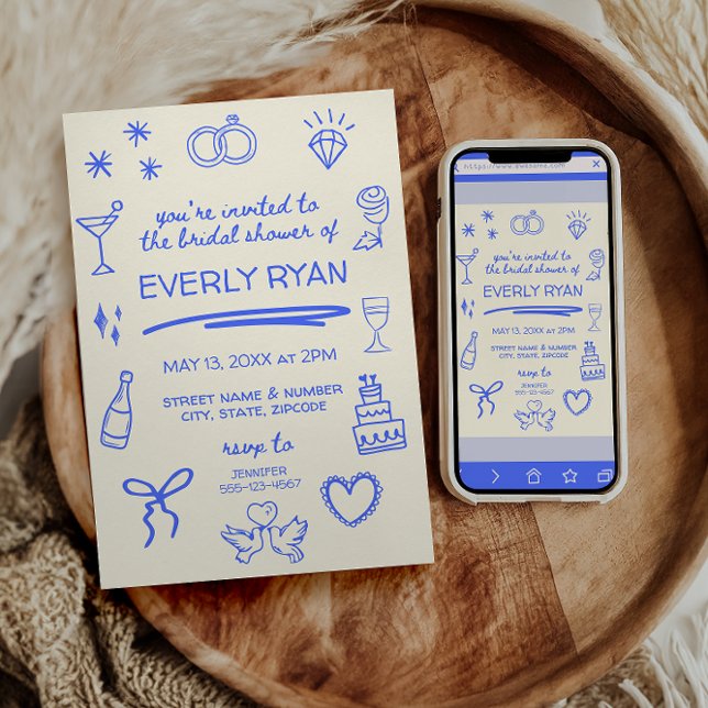 Invitation Whimsical Blue Coquette Fête des mariées élégante (whimsical hand drawn bridal shower invitations - choose print or digital download)