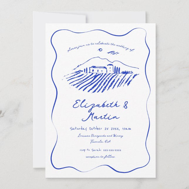 Invitation Whimsical Blue Doodle Vineyard Vavy Mariage fronta (Devant)
