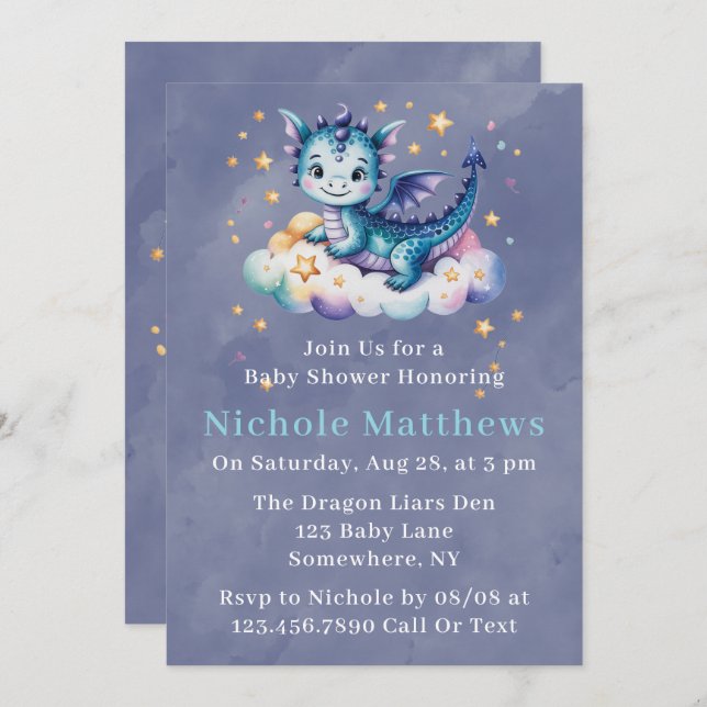 Invitation Whimsical Blue Dragon sur un Baby shower pour garç (Devant / Derrière)