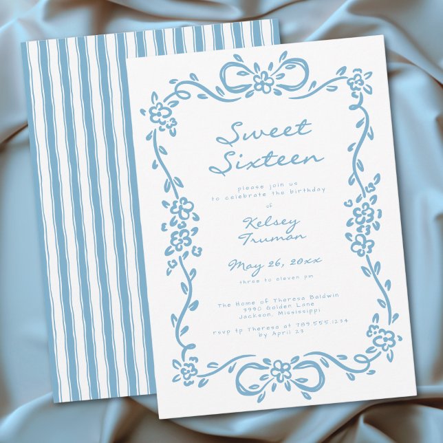 Invitation Whimsical Blue Drawn Floral Sweet Sixteen Birthday (Whimsical Blue Drawn Floral Sweet Sixteen Birthday Invitation)
