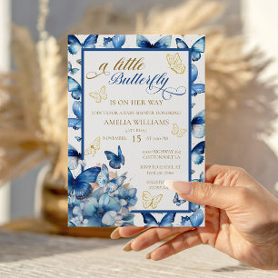 Invitation Whimsical Blue Gold Butterfly Girl Baby shower