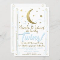Whimsical Blue Gold Moon Stars Twins Baby shower