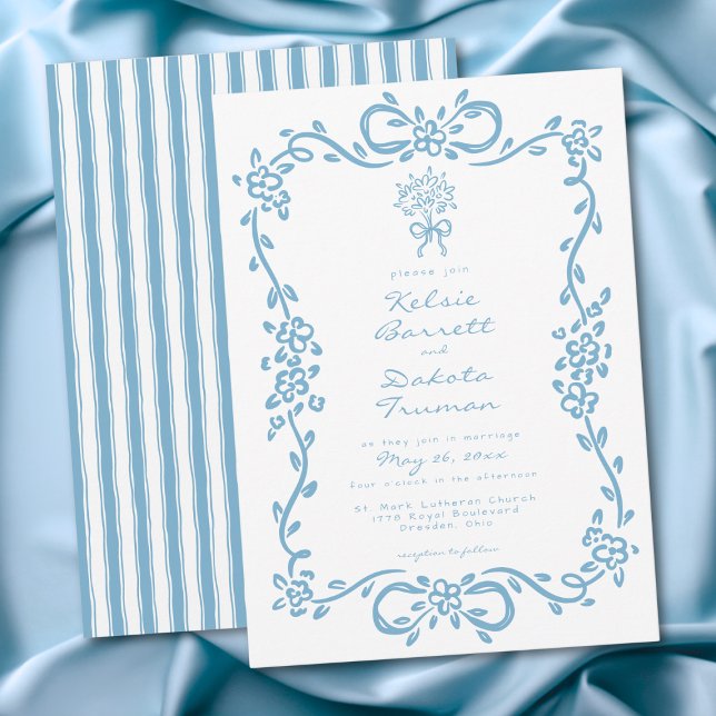 Invitation Whimsical Blue Hand Drawn Floral Stripe Wedding (Whimsical Blue Hand Drawn Floral Stripe Wedding Invitation)