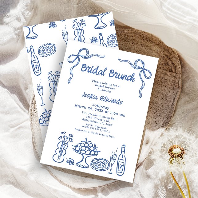 Invitation Whimsical Blue main tiré nuptiale Brunch Douche (Whimsical Blue Hand Drawn Bridal Brunch Bridal Shower Invitation, Doodle, Line Drawing
Food Drink )