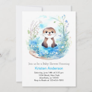 Invitation Whimsical Blue Otter Fleur sauvage Baby shower gar