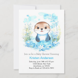 Invitation Whimsical Blue Otter Watercolor Baby shower garçon