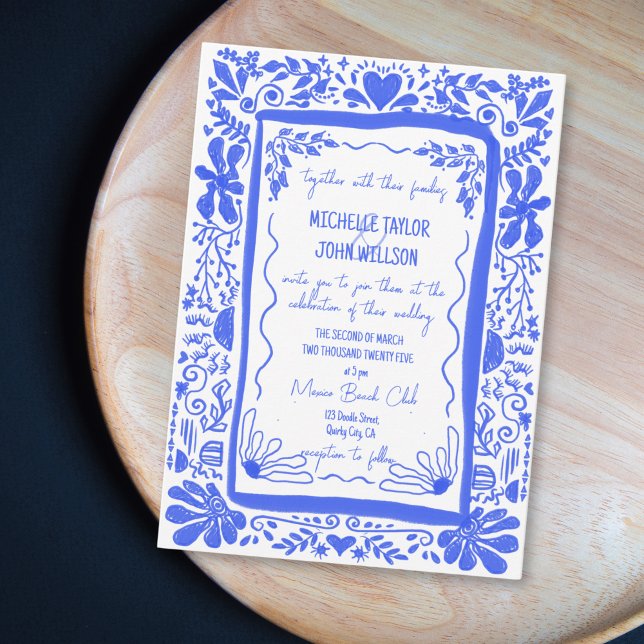 Invitation Whimsical Blue Quirky Doodle Main tiré (blue whimsical doodle hand drawn wedding)