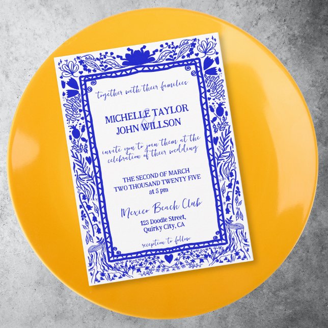 Invitation Whimsical Blue Quirky Doodle Main tiré (FRENCH BLUE DOODLE WHIMSICAL WEDDING FRAME INVITATION)