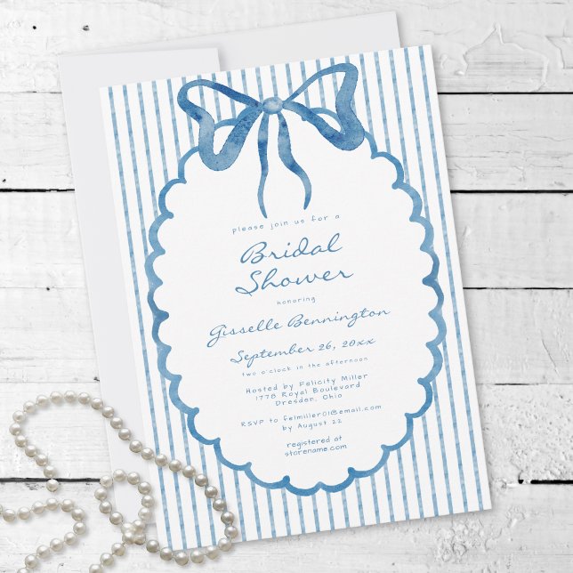 Invitation Whimsical Blue Watercolor Bow Stripe Bridal Shower (Whimsical Blue Watercolor Bow Stripe Bridal Shower Invitation)