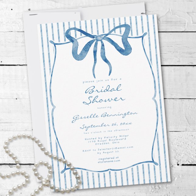 Invitation Whimsical Blue Watercolor Bow Stripe Bridal Shower (Whimsical Blue Watercolor Bow Stripe Bridal Shower Invitation)