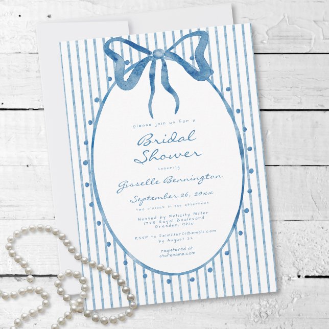 Invitation Whimsical Blue Watercolor Bow Stripe Bridal Shower (Whimsical Blue Watercolor Bow Stripe Bridal Shower Invitation)