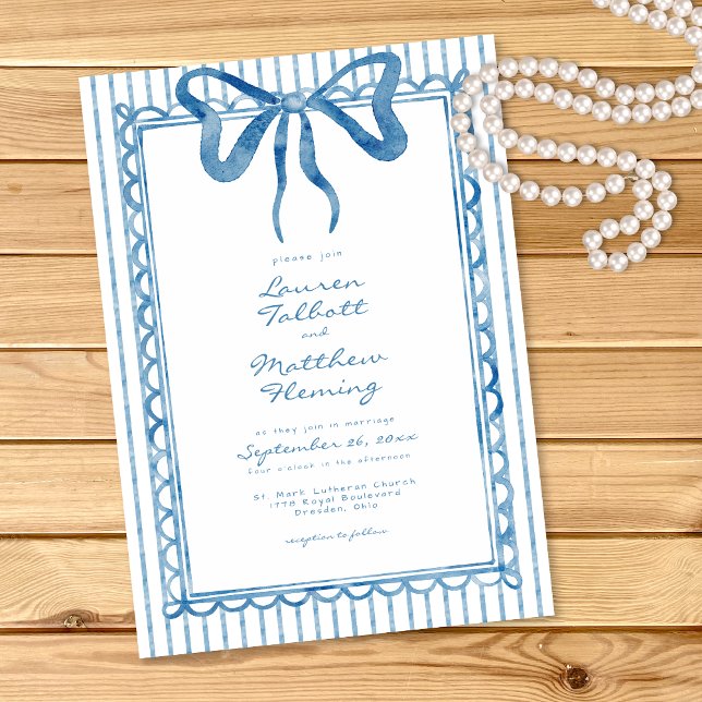 Invitation Whimsical Blue Watercolor Bow Stripe Wedding (Créateur téléchargé)
