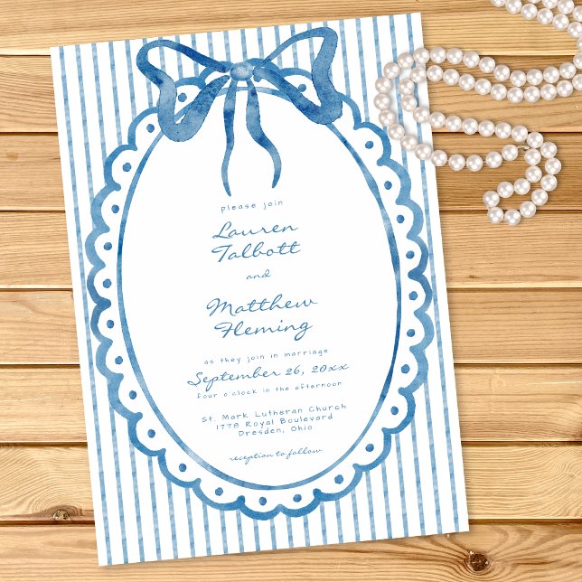 Invitation Whimsical Blue Watercolor Bow Stripe Wedding (Créateur téléchargé)