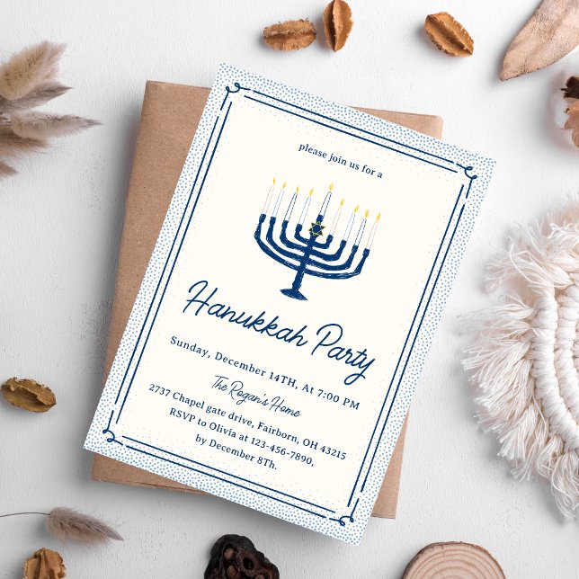 Invitation Whimsical Blue & White Hand Drawn Hanukkah Party   (Créateur téléchargé)