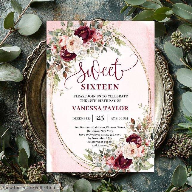 Invitation Whimsical Blush Burgundy Roses Sweet Sixteen Card (Whimsical Blush Burgundy Roses Sweet Sixteen Invite

)