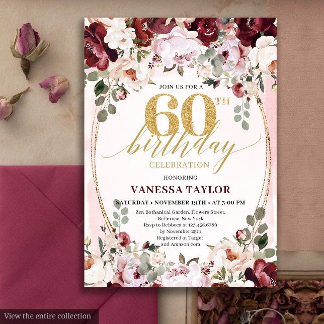 Invitation Whimsical Boho Burgundy Floral 60th Birthday Card (Whimsical Boho Burgundy Floral 60th Birthday)
