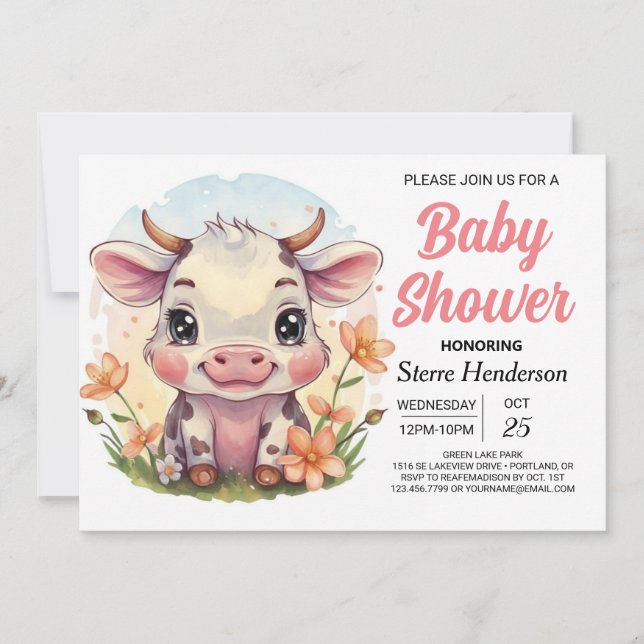 Invitation Whimsical Boho Country Cow Baby shower (Devant)