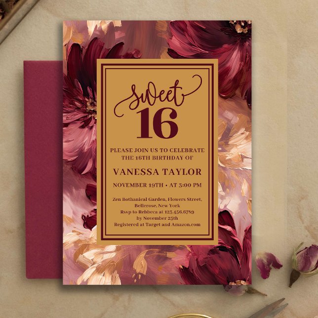 Invitation Whimsical Boho Sweet Sixteen Burgundy Blush Floral (Whimsical Sweet Sixteen Burgundy Blush Floral Invite)