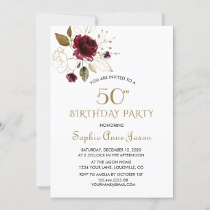 Invitation Whimsical Bourgogne Gold Floral 50e anniversaire