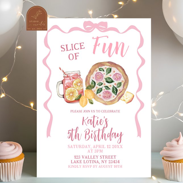 Invitation Whimsical Bow Lemonade and Pizza Girl Birthday (Créateur téléchargé)