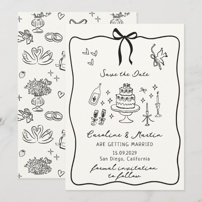 Invitation Whimsical Bow, mariage dessiné à la main sauf la d (Devant / Derrière)