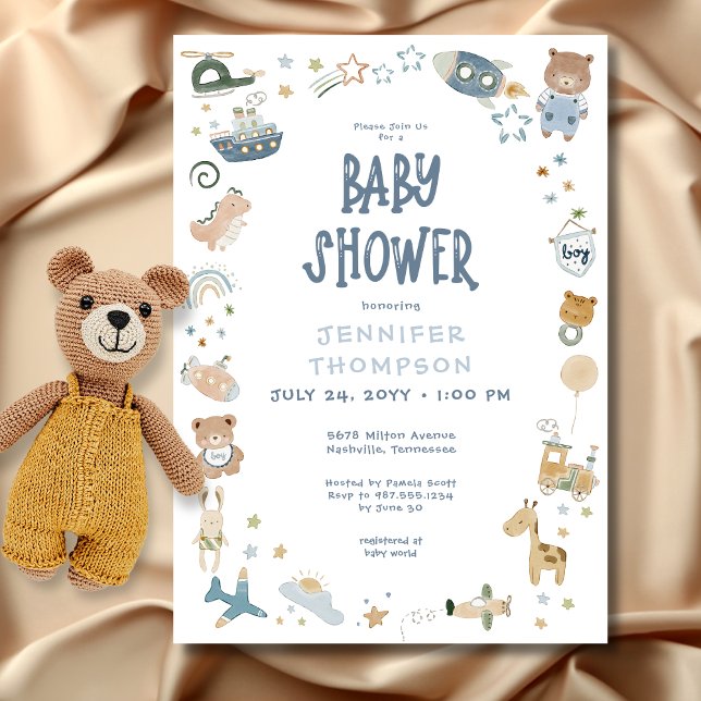 Invitation Whimsical Boy Watercolor Baby shower Doodle (Whimsical Oh Boy Watercolor Doodle Baby Shower Invitation)