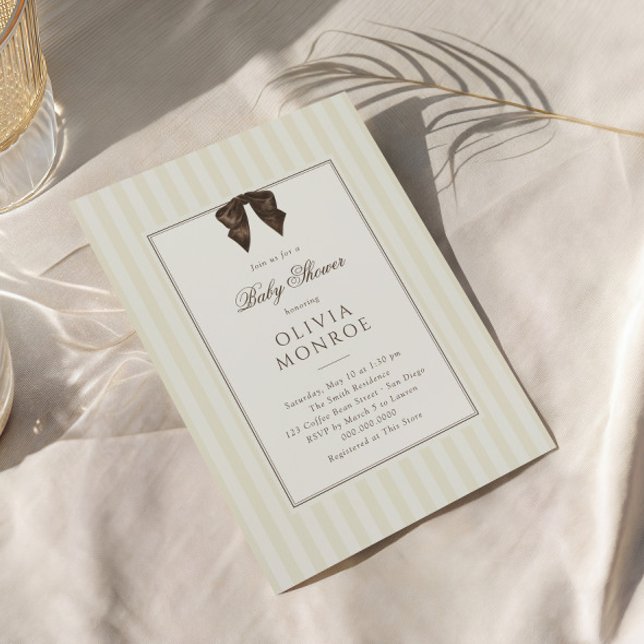 Invitation Whimsical Brown Bow Striped Baby Shower (Créateur téléchargé)