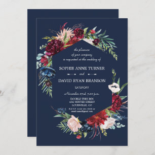 Invitation Whimsical Burgundy Blush Flowers Mariage bleu mari