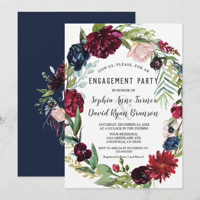 Invitation Whimsical Burgundy Blush Flowers Mariage bleu mari (Devant / Derrière)