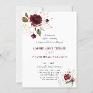 Invitation Whimsical Burgundy Gold Flowers Monogram Wedding