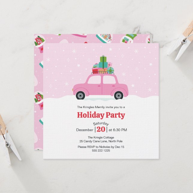 Invitation Whimsical Car with Christmas Gifts in Pink (Devant/Arrière en situation)