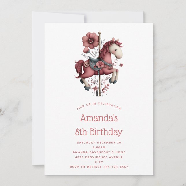 Invitation Whimsical Carousel Horse Image Birthday (Devant)