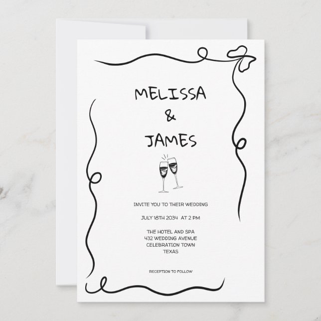 Invitation Whimsical Champagne Hand Drawn Wedding (Devant)