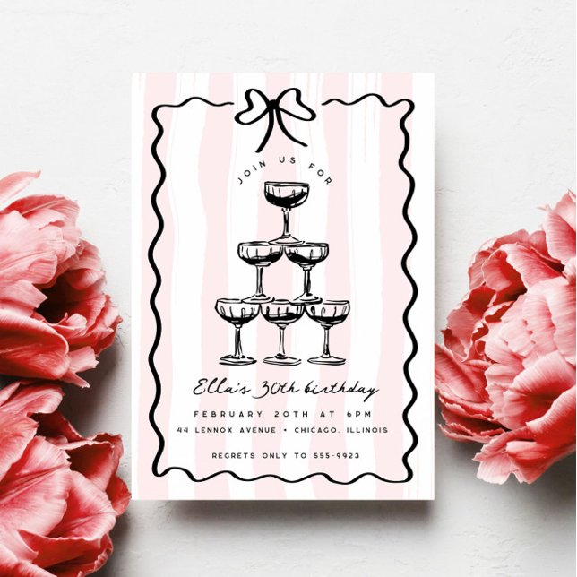 Invitation Whimsical Champagne Tower Bow Pink Striday (Créateur téléchargé)